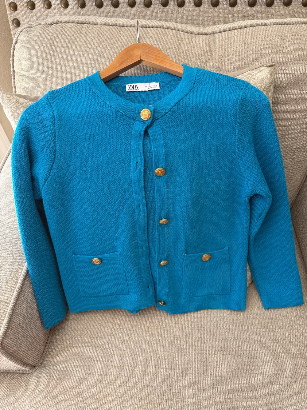 Zara Women’s Teal Knit Cardigan with Gold Buttons